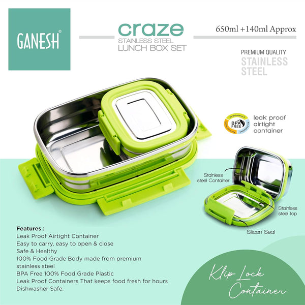 Ganesh Craze Stainless Steel Tiffin Lunch Box Container with 4 Side Clip Lock \Easy to Carry/Leak Proof(650ml 1pc + 140ml 1 Pc) Green