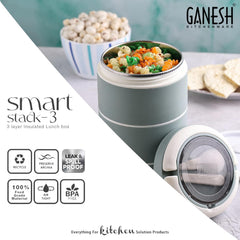 Ganesh Smart Stack 3 Layer Portable Lunch Box Stainless Steel Airtight Leak-Proof Lunch Box for Office, School, Picnic: Color May Vary (3 Layer)