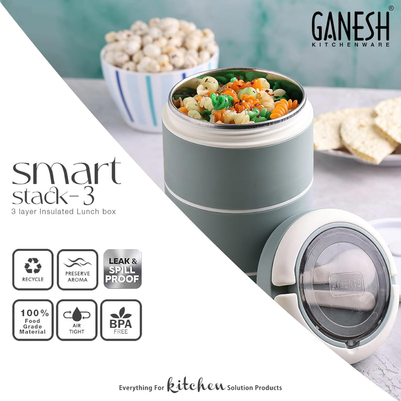 Ganesh Smart Stack 3 Layer Portable Lunch Box Stainless Steel Airtight Leak-Proof Lunch Box for Office, School, Picnic: Color May Vary (3 Layer)