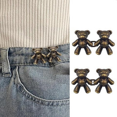 Jeans Adjustable Button pins Waist Buckle for Loose Jeans Pants,Pearl Detachable Instant Jeans Button Pins Waist Tightener Set (2 pcs, Silver Rabbit) (Brown Teddy Bear)