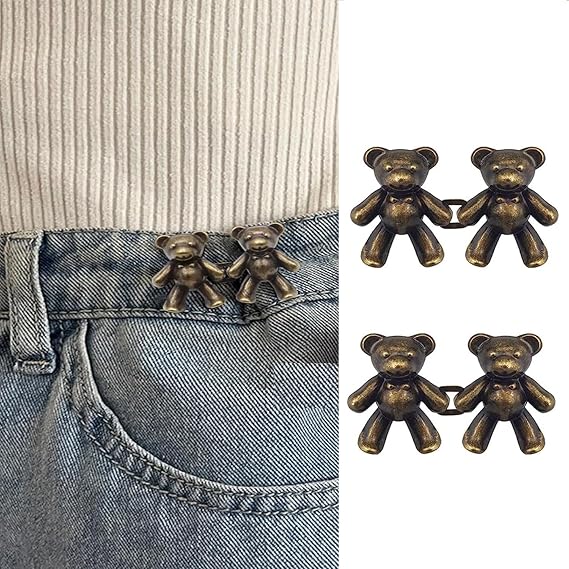 Jeans Adjustable Button pins Waist Buckle for Loose Jeans Pants,Pearl Detachable Instant Jeans Button Pins Waist Tightener Set (2 pcs, Silver Rabbit) (Brown Teddy Bear)
