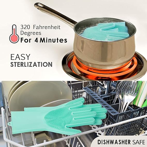 Silicone Dish Washing Gloves, Silicon Cleaning Gloves, Silicon Hand Gloves for Kitchen Dish washing and Pet Grooming, Great for Washing Dish, Kitchen, Car, Bathroom Wet and Dry Disposable Glove