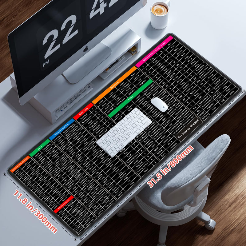 Keyboard Shortcut Mouse Pad, Office/Excel/Word/PPT Shortcuts Cheat Sheet Mat, Quick Key Super Large Anti-Slip Keyboard Pad with Clear Shortcut Key Patterns