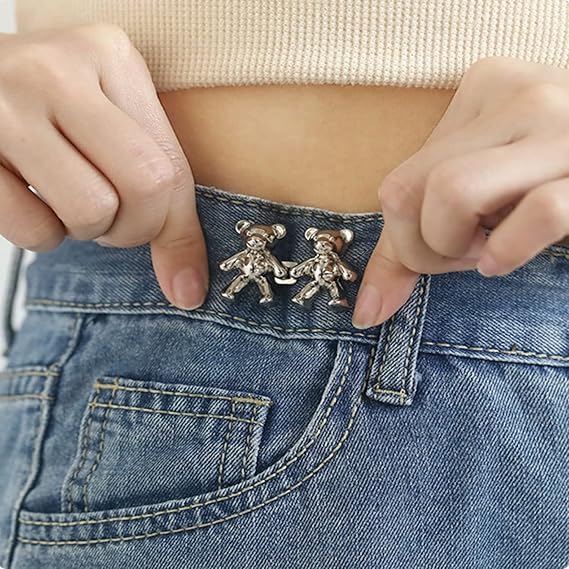 Jeans Adjustable Button pins Waist Buckle for Loose Jeans Pants,Pearl Detachable Instant Jeans Button Pins Waist Tightener Set (2 pcs, Silver Rabbit) (Brown Teddy Bear)