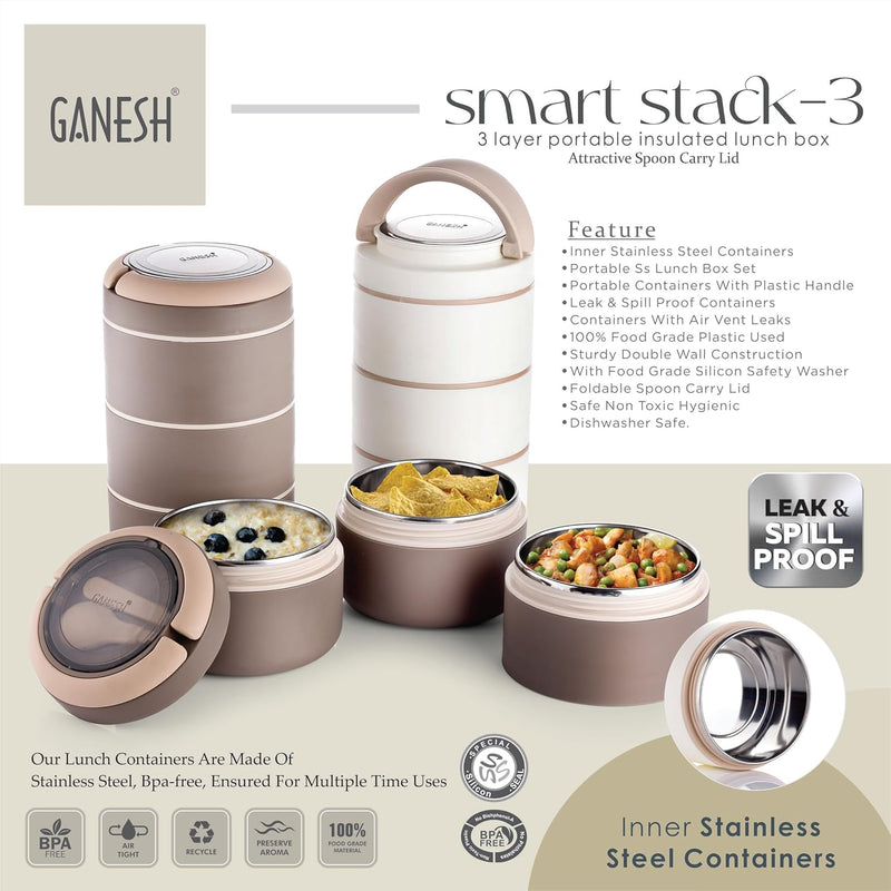 Ganesh Smart Stack 3 Layer Portable Lunch Box Stainless Steel Airtight Leak-Proof Lunch Box for Office, School, Picnic: Color May Vary (3 Layer)