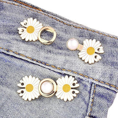 Instant Jeans Button Pins Waist Tightener Set (4 pcs White Flower pin) Make The Waist Fit for Skirt Pants Robe, No Sewing Required Waist Buckle for Loose Jeans Pants