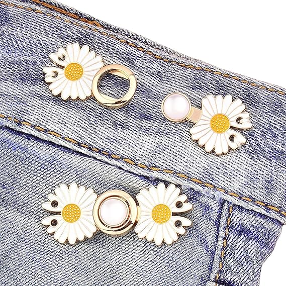 Instant Jeans Button Pins Waist Tightener Set (4 pcs White Flower pin) Make The Waist Fit for Skirt Pants Robe, No Sewing Required Waist Buckle for Loose Jeans Pants