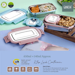 Ganesh Craze Stainless Steel Tiffin Lunch Box Container with 4 Side Clip Lock \Easy to Carry/Leak Proof(650ml 1pc + 140ml 1 Pc) Green