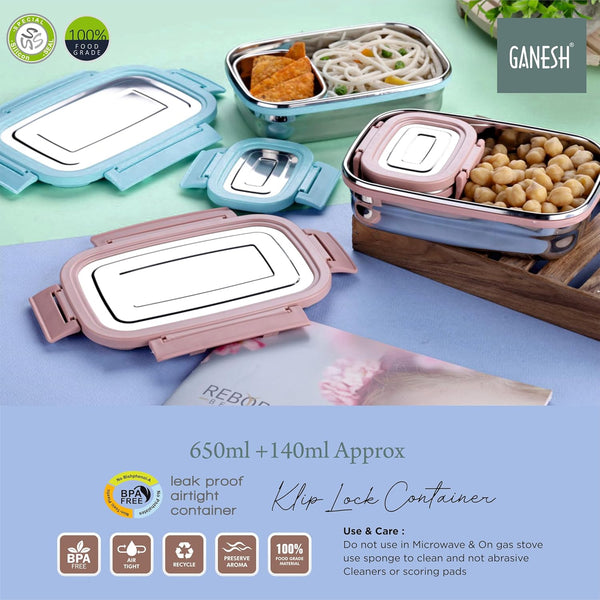 Ganesh Craze Stainless Steel Tiffin Lunch Box Container with 4 Side Clip Lock \Easy to Carry/Leak Proof(650ml 1pc + 140ml 1 Pc) Green