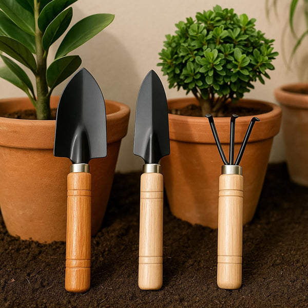 3 Pcs Gardening Hand Tools Set (Cultivator, Big Trowel, Transplanter with Wooden Handle), Home Garden Durable Plant Tool, Planting, Weeding, Pruning, Soil Maintenance, Farming Essential Kit