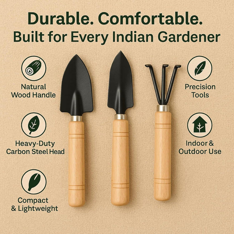 3 Pcs Gardening Hand Tools Set (Cultivator, Big Trowel, Transplanter with Wooden Handle), Home Garden Durable Plant Tool, Planting, Weeding, Pruning, Soil Maintenance, Farming Essential Kit