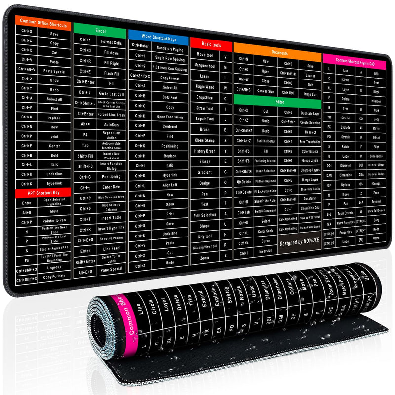 Keyboard Shortcut Mouse Pad, Office/Excel/Word/PPT Shortcuts Cheat Sheet Mat, Quick Key Super Large Anti-Slip Keyboard Pad with Clear Shortcut Key Patterns