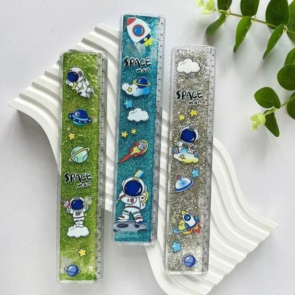 Space Sparkly Glitter Ruler 20 cm – Cartoon Astronaut School Ruler for Kids with Cute Duck Stickers for Art Craft Projects Birthday Gift Stationery Scale