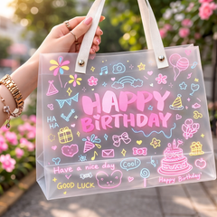Happy Birthday Transparent PVC Tote Bag | Cute Cartoon Gift & Shopping Handbag – Blue & Pink (Pack of 2)
