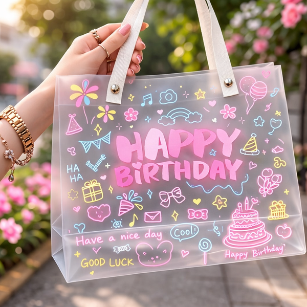 Happy Birthday Transparent PVC Tote Bag | Cute Cartoon Gift & Shopping Handbag – Blue & Pink (Pack of 2)
