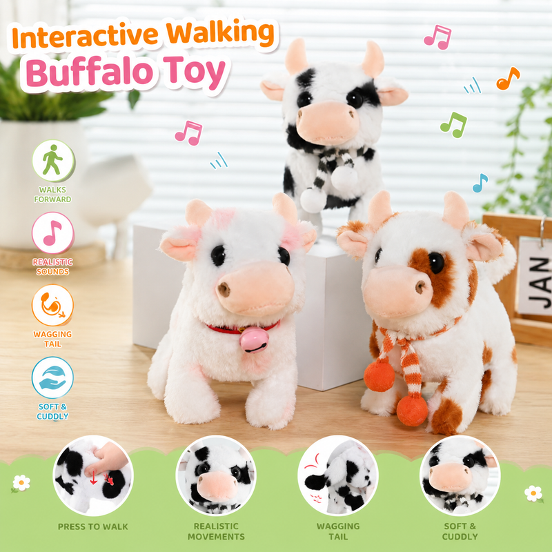 Toys Interactive Toys Buffalo for Kids,Walking Pet Toys Can Make Sounds,Wag Tail and Nod Head, Realistic Stuffed Cattle Toys Birthday Gift for Kids