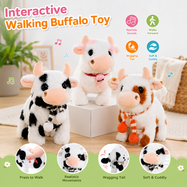 Toys Interactive Toys Buffalo for Kids,Walking Pet Toys Can Make Sounds,Wag Tail and Nod Head, Realistic Stuffed Cattle Toys Birthday Gift for Kids