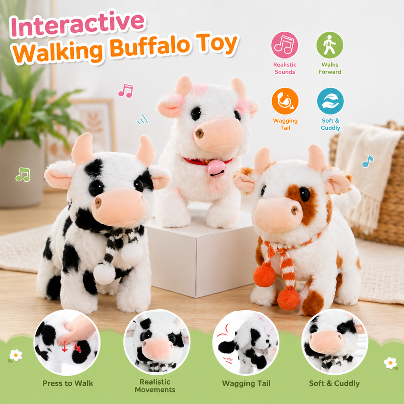 Toys Interactive Toys Buffalo for Kids,Walking Pet Toys Can Make Sounds,Wag Tail and Nod Head, Realistic Stuffed Cattle Toys Birthday Gift for Kids