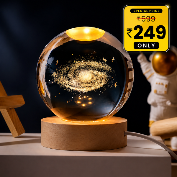 3D Galaxy Crystal Ball Night Lamp - Engraved USB Table LED Wooden Light Night Lamp (8 cm, Warm White Galaxy)