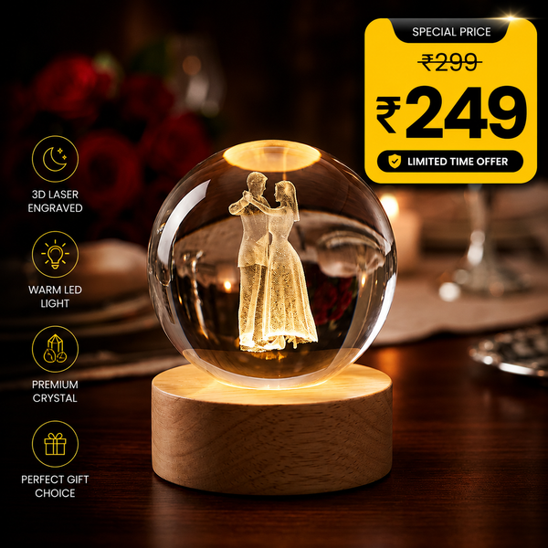3D Crystal Ball Night Light with Couple Design, LED Wooden Base, Romantic Wedding Gift