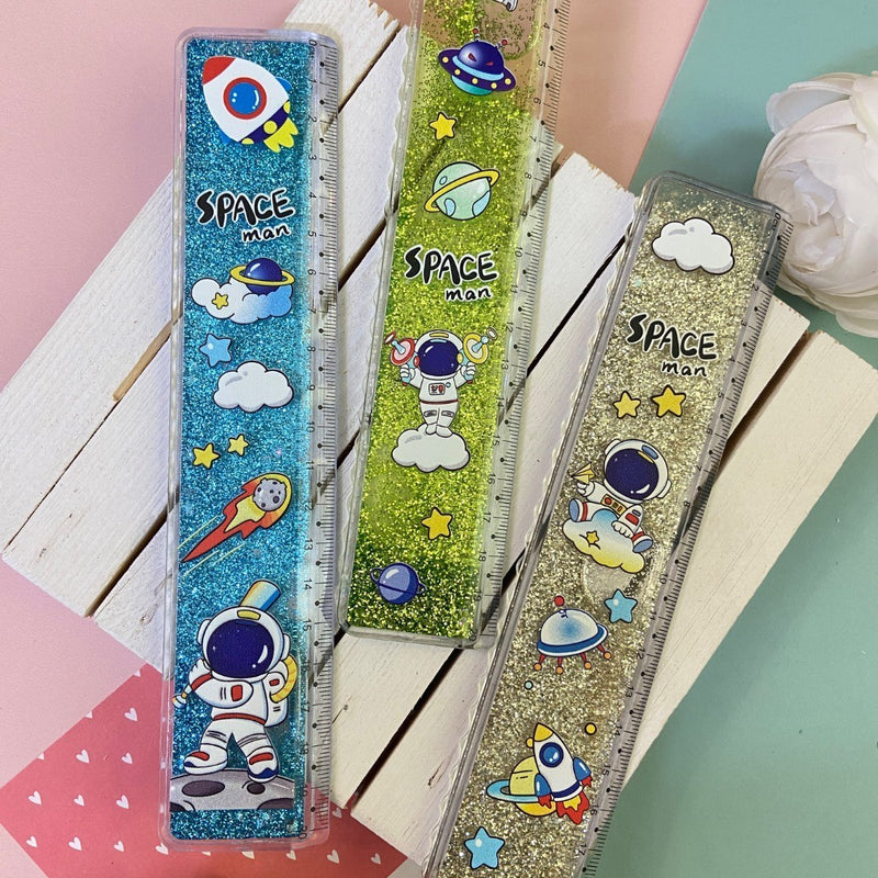 Space Sparkly Glitter Ruler 20 cm – Cartoon Astronaut School Ruler for Kids with Cute Duck Stickers for Art Craft Projects Birthday Gift Stationery Scale