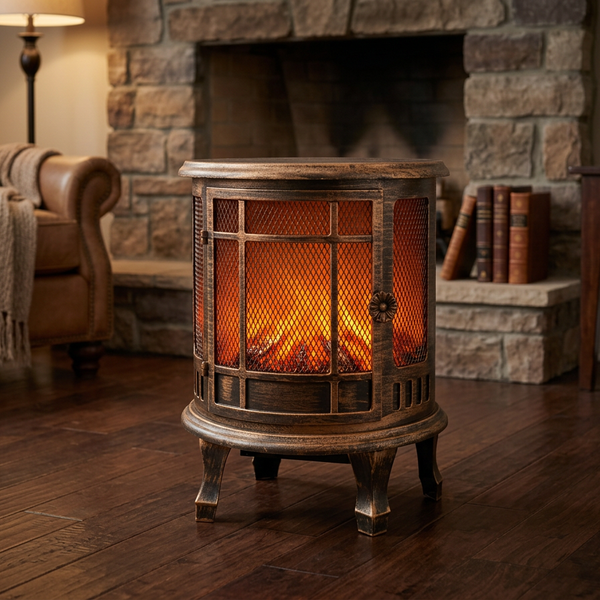 Electric Fireplace Stove Heater with Realistic Flame Logs Effects Vintage Freestanding Fireplace Heater Night Light Lamp Lantern for Indoor Outdoor Patio Garden Yard Decor No Battery