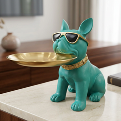 Cool Bulldog Butler Statue with Gold Tray