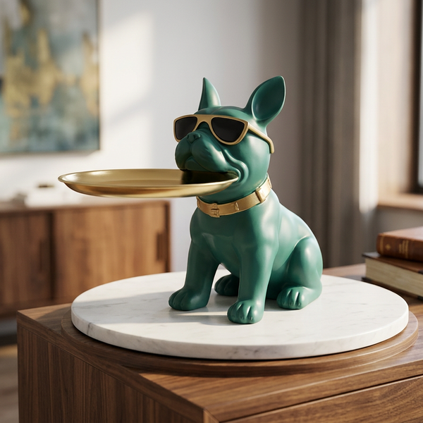 Cool Bulldog Butler Statue with Gold Tray