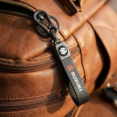 Catchy Premium Leather & Metal Bikes Stainless Steel Locking Hook Antirust Keychain Unique Stylish Look For Men/Women Keyring Compatible with Car and Bike I Suzuki (Black)