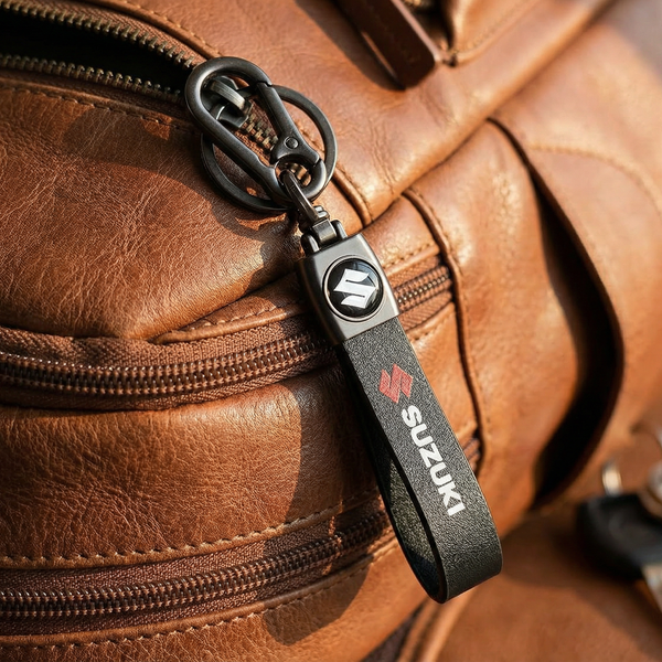 Catchy Premium Leather & Metal Bikes Stainless Steel Locking Hook Antirust Keychain Unique Stylish Look For Men/Women Keyring Compatible with Car and Bike I Suzuki (Black)