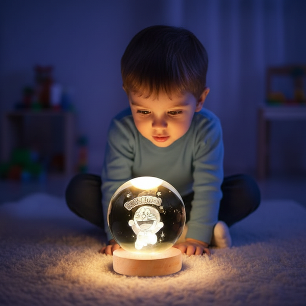 3d Galaxy Doremon Crystal Lamps Crystal Ball Night Light with Wooden Base, 60mm Glass Sphere Decorative Table Lamp
