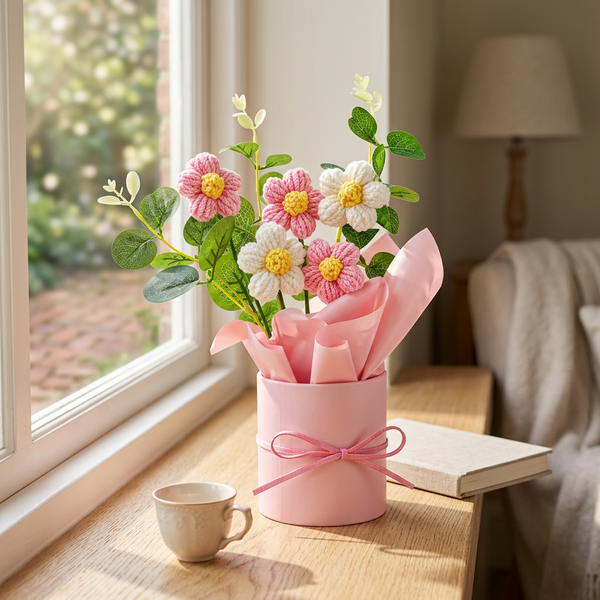 Pink Crochet Bouquet- Pack of 1 - Hand Woven Knitted Artificial Hand Knitted Bunch of Flower for Office Desk