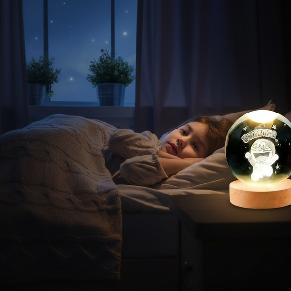 3d Galaxy Doremon Crystal Lamps Crystal Ball Night Light with Wooden Base, 60mm Glass Sphere Decorative Table Lamp