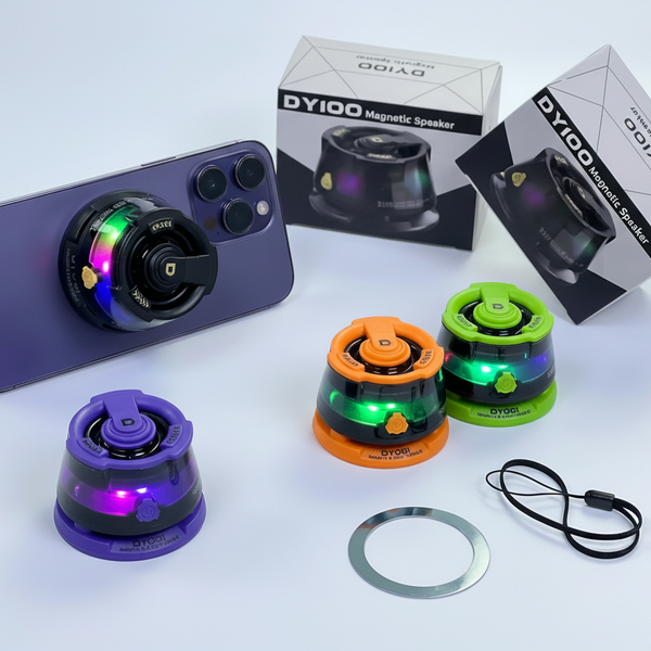DY100 Mini Magnetic Wireless Bluetooth Portable Speaker with RGB LED Lights Rechargeable Mobile Phone Holder High Bass Sound Compatible with Smartphones Tablets & Laptops