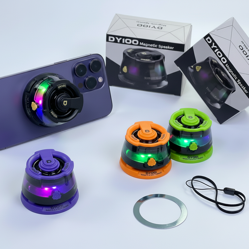DY100 Mini Magnetic Wireless Bluetooth Portable Speaker with RGB LED Lights Rechargeable Mobile Phone Holder High Bass Sound Compatible with Smartphones Tablets & Laptops