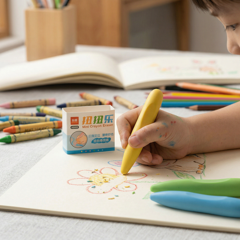 Mini Crayon Erasers for Kids, Soft Pastel Color Pencil Erasers, Fun Crayon-Shaped Erasers for School & Art, Smooth Grip, Non-Toxic, Pack of 3 Pcs