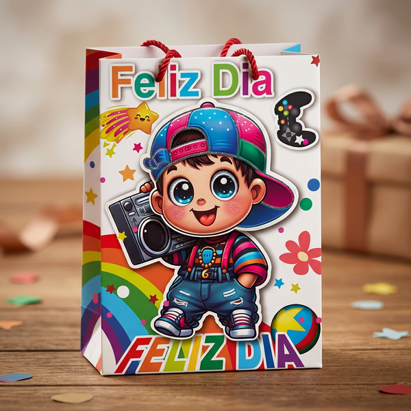 Feliz Día cartoon boy-themed gift bag
