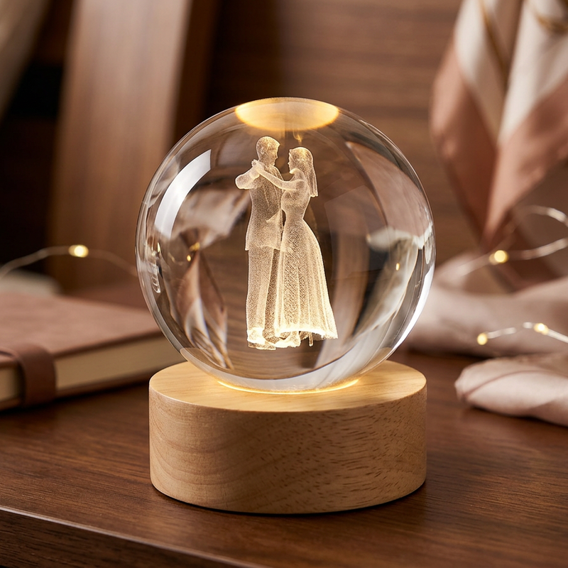 3D Crystal Ball Night Light with Couple Design, LED Wooden Base, Romantic Wedding Gift