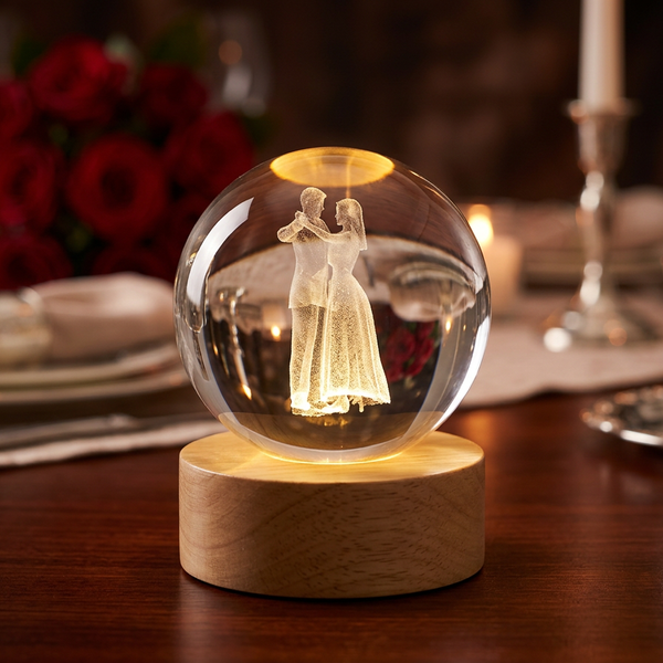 3D Crystal Ball Night Light with Couple Design, LED Wooden Base, Romantic Wedding Gift