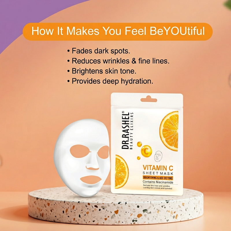 DR.RASHEL Vitamin C Face Sheet Mask With Serum For Women and Men | All Skin Types | Soft and Healthy Skin | Deep Cleansing & Oil Control | Repairing & Nourishment | Soothing And Hydrating | Paraben Free | Pack Of 1 | 20 Grams Each