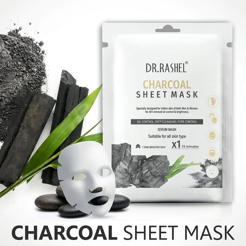 DR.RASHEL Charcoal Face Sheet Mask With Serum For Women and Men | All Skin Types | Soft and Healthy Skin | Deep Cleansing & Oil Control | Repairing & Nourishment | Soothing And Hydrating | Paraben Free | Pack Of 1