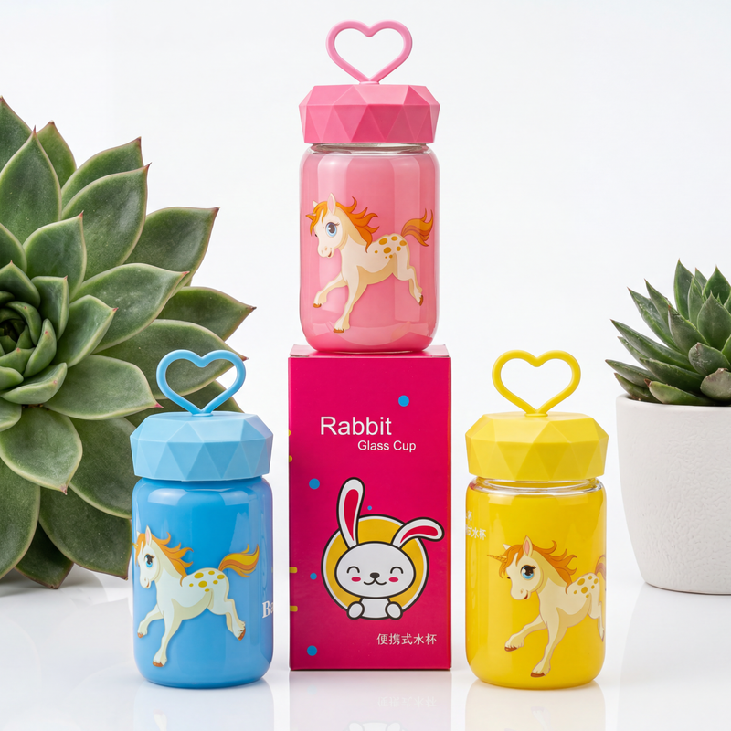 Unicorn Glass Bottle (1pc) - 340ml (Random Design) Designed to prevent leaks and made without BPA.| Ideal for school, cycling, outdoor sports, and fitness.