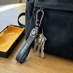 Catchy Premium Leather & Metal Bikes Stainless Steel Locking Hook Antirust Keychain Unique Stylish Look For Men/Women Keyring Compatible with Car and Bike I Suzuki (Black)
