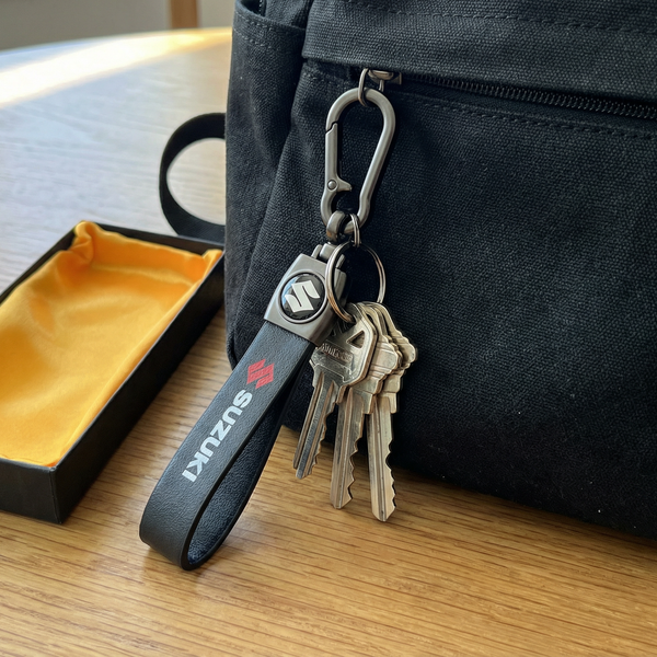 Catchy Premium Leather & Metal Bikes Stainless Steel Locking Hook Antirust Keychain Unique Stylish Look For Men/Women Keyring Compatible with Car and Bike I Suzuki (Black)