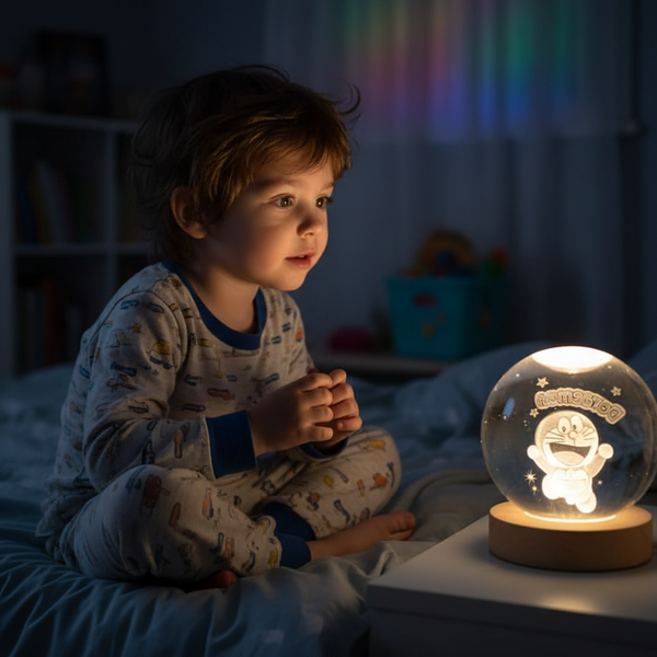 3d Galaxy Doremon Crystal Lamps Crystal Ball Night Light with Wooden Base, 60mm Glass Sphere Decorative Table Lamp