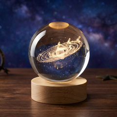 3D Galaxy Crystal Ball Night Lamp - Engraved USB Table LED Wooden Light Night Lamp (8 cm, Warm White Galaxy)