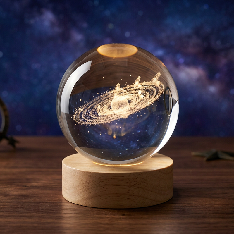 3D Galaxy Crystal Ball Night Lamp - Engraved USB Table LED Wooden Light Night Lamp (8 cm, Warm White Galaxy)