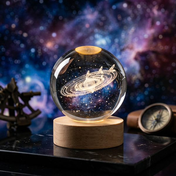 3D Galaxy Crystal Ball Night Lamp - Engraved USB Table LED Wooden Light Night Lamp (8 cm, Warm White Galaxy)