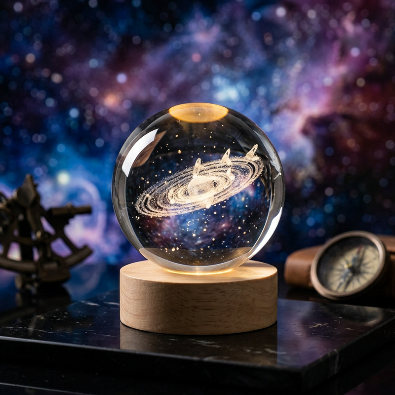 3D Galaxy Crystal Ball Night Lamp - Engraved USB Table LED Wooden Light Night Lamp (8 cm, Warm White Galaxy)