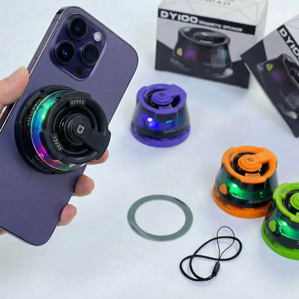 DY100 Mini Magnetic Wireless Bluetooth Portable Speaker with RGB LED Lights Rechargeable Mobile Phone Holder High Bass Sound Compatible with Smartphones Tablets & Laptops